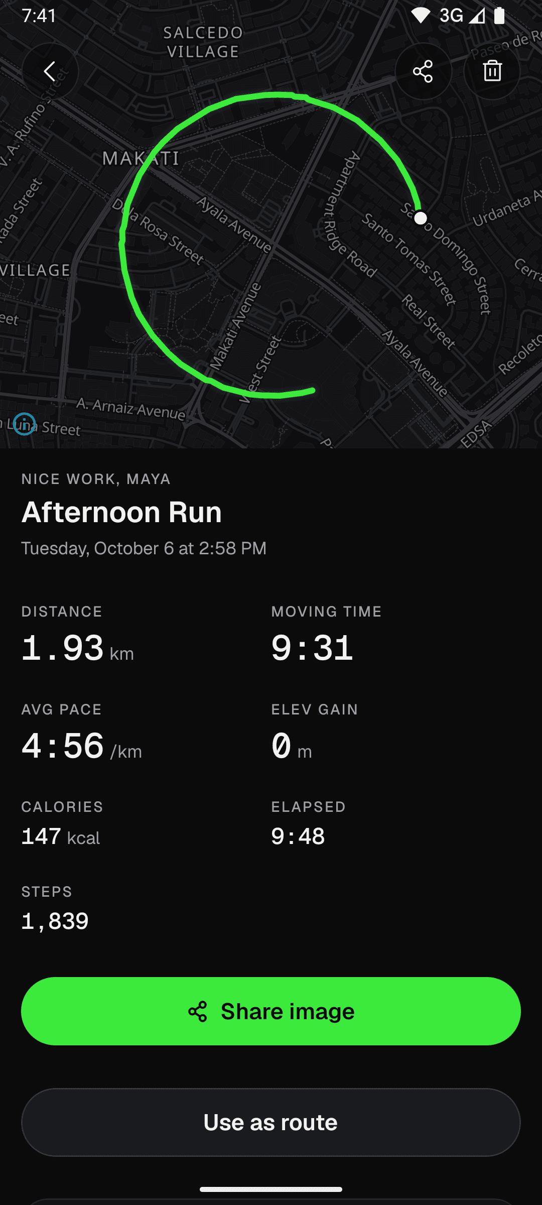TRCE activity detail with the recorded route and splits