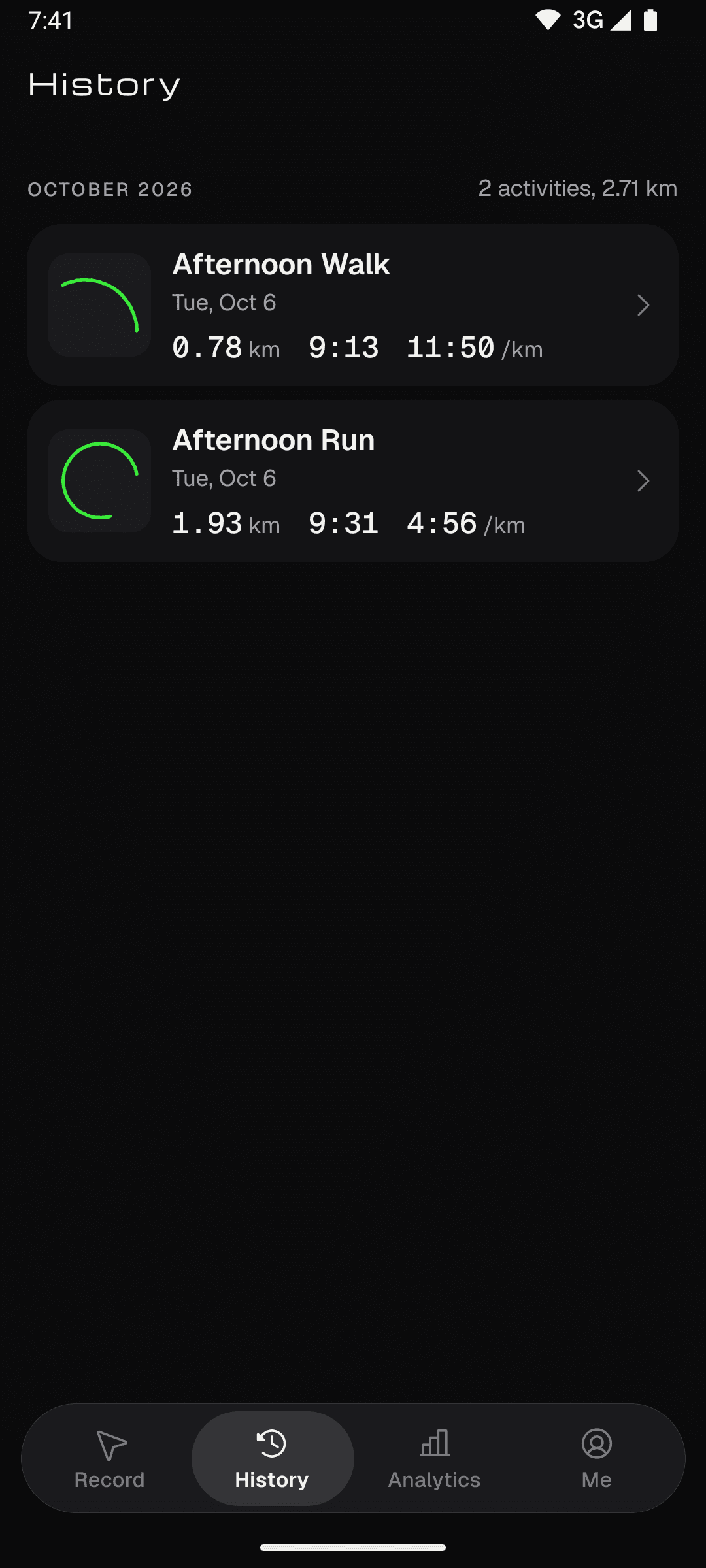 TRCE history screen listing past runs and walks